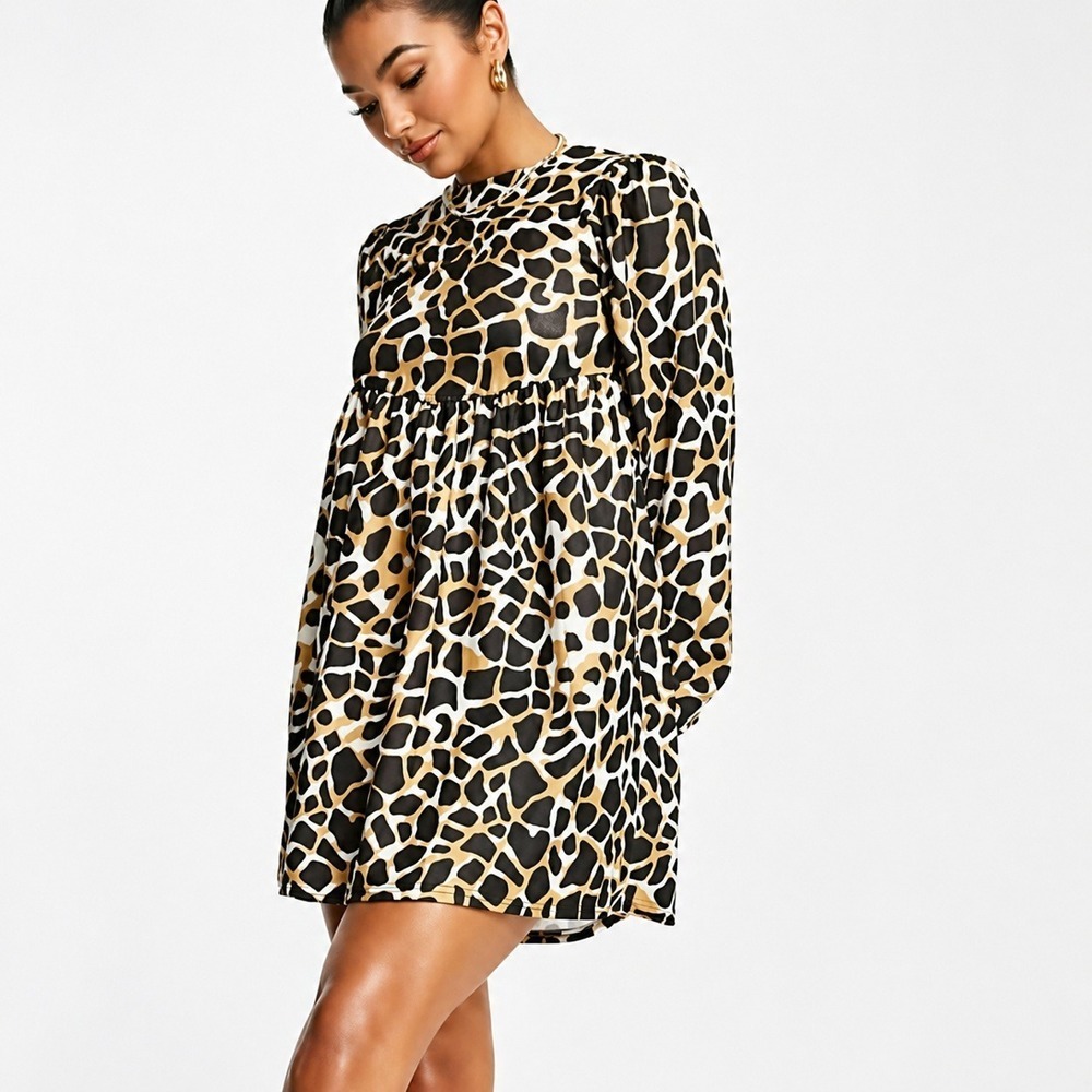 ASOS DESIGN NEW Giraffe Print Oversized Mini Smock Dress Blouson Sleeve SZ 8